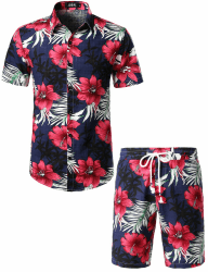 JOGAL Herren Casual Floral Blumenmuster Kurzarm Hawaiihemd Marine XL