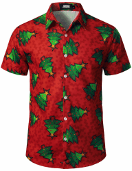 JOGAL Herren Weihnachten Hemd Funky Kurzarm Christmas Hawaiihemd Button Down Weihnachtsmann Print Freizeithemd XL Roter Baum