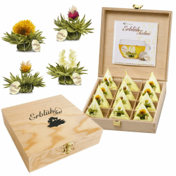Creano Teelini Teeblumen im Tassenformat, Geschenkset in Teekiste aus Holz, 12 ErblühTeelini in 4 Sorten, Weißer Tee, Geschenk für Frauen, Mutter, Teeliebhaber