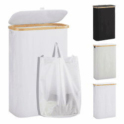 YOUDENOVA Wäschekorb mit Deckel 48L Wäschesammler schmal mit Wäschesack faltbarer Wäschesortierer Holz Bambus Wäschetruhe hoch Laundry Baskets, Weiß 48L(Slim) Weiß