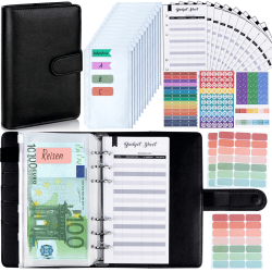 ANYUKE Budget Planner Budget Binder A6 - Bugetplaner Haushaltsbuch mit Geldfächer, Finanzplaner Geld Organizer Sparbuch mit Folien für Sparen Sparchallenge Umschlagmethode Geldplaner Cash Stuffing Schwarz