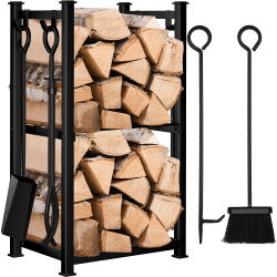 Amagabeli Kaminholzregal mit 4 Kaminwerkzeug 72x46x30cm Innen Kaminholzständer Kaminholzregal Kaminbesteck Set Draussen Holzregal 2 Ablagen Schmiedeeisen Brennholzregal Kaminbesteck Schwarz
