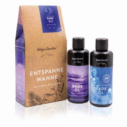 AllgäuQuelle® Bio Badeöl-Set mit ätherische-Öle 2x100ml - ✓ Allgäuer Atemwohl ✓ Allgäuer Nachtruhe. Natürlicher BIO-Badezusatz m. ätherische Öle. BIO Bade-Essenz-Set naturrein und biologisch