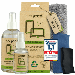 SOYECO Bildschirmreiniger Set 250 & 50ml - inkl. DREI Mikrofasertücher - Display Reiniger für Smartphone, Laptop, Tablet, Monitore und TV (LCD/TFT, LED, OLED) - Screen Cleaner (Schadstofffrei)