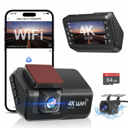 CHORTAU Dashcam Auto Vorne Hinten 4K+1080P, WiFi Dash Cam 3 Zoll LCD Anzeige mit 64GB SD Karte, Dual Auto Kamera mit APP Steuerung, Super Nachtsicht, WDR, G-Sensor, Loop-Aufnahme, Parküberwachung 4K-1080P Dash Cam Auto