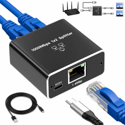 LAN Splitter 1 auf 2, Gigabit Ethernet Splitter 1000 Mbps LAN Switch 2 Port Ethernet Switch mit Typ-C Stromkabel, Netzwerk Switch für Computer, Hub, Switch, Router, ADSL, Digital TV, etc. FLQ 01