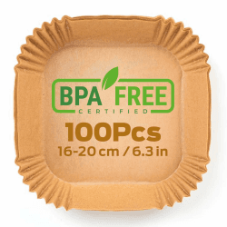 PORTENTUM Backpapier für Heißluftfritteuse 100 Stück BPA-frei, 16x16 cm, Airfryer Backpapier Antihaft Wasserdicht Ölfest Einwegschalen Luftfritteuse Pergamentpapier Liner für Heißluftfritteuse,Quadrat 100 Stück 16 x 16 cm Quadratisches