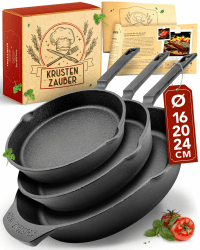 KRUSTENZAUBER 16+20+24cm Gusseisenpfannen Induktion - Voreingebrannte Gusseisen Pfannen - Ideale Grillpfanne Induktion, Eisenpfanne, Cast Iron Pan, Bratpfanne, Gusseiserne Pfanne Skillet Gusspfanne