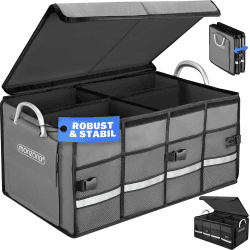MONZANA® Kofferraum Organizer Deckel 68L Trennwände Wasserdicht Faltbar Verstärkte Wände rutschfest Kofferraumtasche Kofferraumbox Autotasche Grau Grau Standard