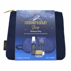 Feather & Down Schlaftasche-Geschenkset (luxuriöse Augenmaske, Schlafbalsam, Kopfkissenspray, Duschcreme) – mit beruhigenden ätherischen Ölen aus Lavendel und Kamille. Ohne Tierversuche. Vegan. Einzel-*