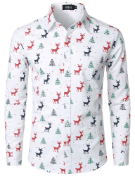 JOGAL Herren Funky Christmas Print Weihnachtsmann Hemd Langarm Button Up Freizeithemd Herren M Weiß