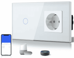 BSEED Normal Schuko Steckdose mit Smart Alexa Lichtchalter 16 Amp Glas WiFi Berührungssensor Wandschalter kompatibel mit Alexa und Google Home 1 Fach 1 Weg Weiß (Neutralleiter erforderlich) Weiß 1 Fach mit Steckdose Weiß