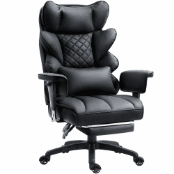 Dowinx Gaming Stuhl, Bürostuhl Ergonomisch mit Taschenfeder-Kissen, Chefsessel mit Doppellagige weiche Rückenlehne und verstellbare Lendenkissen, Armlehnen und Fußstütze, PU, Schwarz Reines Schwarz Leder