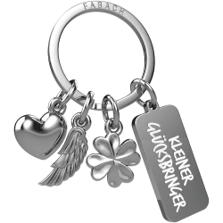 FABACH Schutzengel Schlüsselanhänger 3 Charms mit Gravur - Kleeblatt Schlüsselanhänger Herz Glücksbringer Viel Erfolg - Viel Glück Geschenk Engel Glücksbringer - Kleiner Glücksbringer Silber