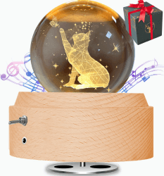 BIAOQINBO Kristallkugel Spieluhr, Spieluhr mit 3D K9 Glas, Drehbar Holzsockel, Nachtlicht mit Projektion, Geschenke für Frauen Mama Geburtstagsgeschenk, Valentinstag Katzen