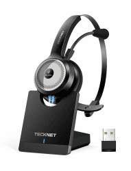 TECKNET Bluetooth PC Headset mit Mikrofon & USB Dongle [45 Std Anrufzeit & 10M Reichweite] kabelloses Headset mit Ladestation, Wireless Headset mit AI Rauschunterdrückung für Business,Büro,HomeOffice schwarz