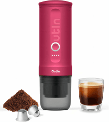 Outin Nano tragbare elektrische Espressomaschine, Camping-Kaffeemaschine, Selbsterhitzung mit USB-C, kompatibel mit gemahlenem Kaffee & NS-Kapsel Fuchsia Pink