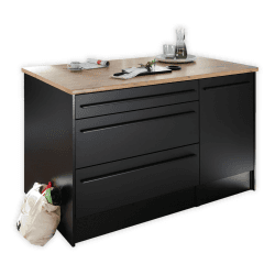 JAZZ Moderne Kücheninsel mit Arbeitsplatte freistehend in Schwarz matt, Lanzelot Eiche Optik - Geräumiger Küchenschrank - 145 x 90 x 90 cm (B/H/T) Schwarz Kücheninsel