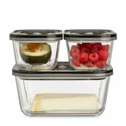 CASO VacuBoxx Eco-Set - 3 Vakuumbehälter aus Borosilikatglas, BPA-Frei, inkl. Vakuumierschlauch & Adapter für alle CASO Vakuumierer/Handpumpe, hitzebeständig, spülmaschinenfest, gefriergeeignet Vakuumbehälter-Set