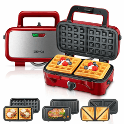 Sandwichmaker 3 in 1, 1200W Waffeleisen/Kontaktgrill/Sandwichtoaster, 5-Gang-Temperaturregelung, Antihaftbeschichter Plattensets, Wärmeisoliertem Griff, Spülmaschinengeeignet, LED-Leuchten, Rot
