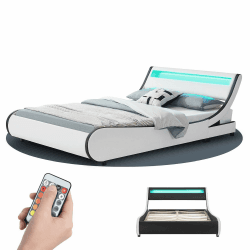 Juskys Polsterbett Valencia 180x200 cm mit LED Beleuchtung, Lattenrost, Kopfteil & Kunstleder - Bett Jugendbett Bettgestell Doppelbett - weiß 180 x 200 cm Weiß