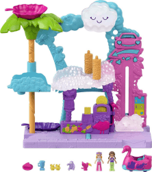 Polly Pocket HHJ05 - Pollyville Flamingo-Spaß Auto-Waschanlage, Spielset mit 2 Puppen, 2 Tier-Figuren, 1 Flamingo-Fahrzeug mit Farbwechsel-Effekt und Zubehör, Spielzeug für Kinder ab 4 Jahren