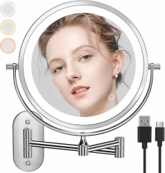 Auxmir Kosmetikspiegel mit Beleuchtung, Wiederaufladbar Schminkspiegel Badspiegel Wandmontage, Doppelseitig1-/10fache Vergrößerungsspiegel mit licht, 3 Farben, Touchscreen, 360° Drehbar für Bad Silber 10X(Wiederaufladbar)