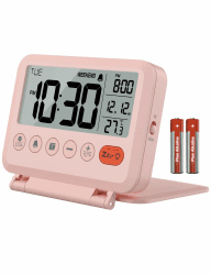 MeesMeek Reisewecker Digital Klein: 2 Stufen Licht und Lautstärke, 12/24H, Kalender, Temperatur, Wochenende und Schlummer Modus, Klappbar, Batteriebetrieben Mini Wecker (Rosa)