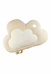 Baby Unisex Spieldecke in Wolkenform, wattierte Krabbeldecke Himmelskörper mit Silikonring, Spiegel und Quietsche, 80 x 100 cm