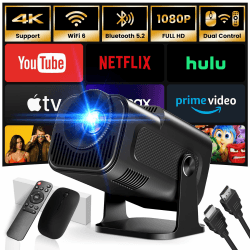 Mini Beamer, 4K FHD 1920x1080P 180°Dreh Tragbarer Projektor, Klein Videoprojektor Unterstützt 2.4/5G Dual WiFi und BT 5.0, mit Android und IOS Heimkino Smart Beamer Doppelsteuerung mit Maus, Schwarz