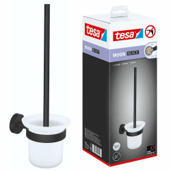 tesa Moon Black WC-Garnitur, Set mit Halter & WC-Bürste, matt schwarz, satiniertes Glas - für Bäder im Industrial Style und Moderne Badezimmer - bohrfrei, inkl. Klebelösung - 112 mm x 379 mm x 145 mm