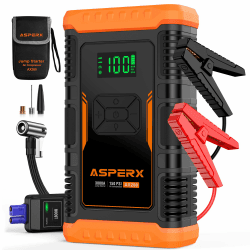 ASPERX Starthilfe Powerbank mit Kompressor,150PSI 3000A Auto Starthilfe Powerbank (Bis Zu 10L Benzin Oder 8L Diesel) Mit LED Taschenlampe Starthilfekabel 5-in-1 Jump Starter Für Motorrad SUV