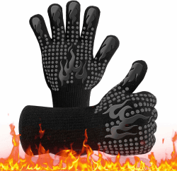 Grillhandschuhe Hitzebeständig, Grill Handschuhe BBQ Handschuhe mit 800 Grad Extrem Hitzebeständige, Silikon Ofenhandschuhe zum Backen, Grillen, Kochen, BBQ Schwarz