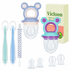 Vicloon Fruchtsauger Set Baby + 6 Silikon-Sauger in 3 Größen + Silikon Babylöffel - BPA-frei - Kleinkind Fruchtsauger Schnuller Beißring Obstsauger für Obst Gemüse Brei Beikost… Bärenstill-Violett +Rosa