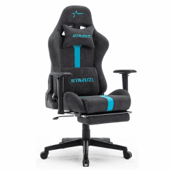 STARUZI Ergonomischer Gaming Stuhl aus Wildlederimitat Stoff, Gamer PC Stuhl mit Fußstütze, Atmungsaktiver Game Chair mit Verstellbaren Rückenlehne, Grau-Blau