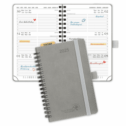 POPRUN Taschenkalender 2025 Klein Ringbuch mit Softcover, ca. A6 (16 x 10,5 cm) - Kalender 2025 Klein (Jan.2025-Dez.2025) - Terminplaner 1 Woche 2 Seite mit Plastiklineal - Grau Grau 16 x 10,5 cm