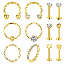 Rajnard Tragus Piercing Helix Piercing Chirurgenstahl Knorpel Ohrpiercing Ohrstecker Ohrring 16G CZ Barbell Piercing Labret Monroe Schmuck Damen Männer 1.2*8mm-gold-12pcs
