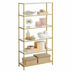 VASAGLE Regal mit 6 Ablagen, Badregal, gehärtetes Glas, einfache Montage, für Badezimmer, Wohnzimmer, Küche, Büro, transparent-metallisches Gold LGT503A01 6 Ablagen (80B x 177,3H cm) ‎transparent + Metallisches Gold