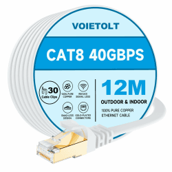 VOIETOLT Cat8 Lan Kabel 12M mit Clips, 40Gbps/2000MHz Flach Schirmung Hochgeschwindigkeit Netzwerkkabel, STP RJ45 Gigabit Cat-8 Ethernet Kabel für PS4/5, für Modem, für Router (weiß) 12Meter Weiß