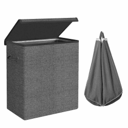 SONGMICS Wäschekorb, 142 L, 2 Fächer aus Leinenstoff, Trennwand für Kleidung mit magnetischem Deckel und Griffen, faltbar, herausnehmbarer Innentasche, Dunkelgrau LCB002G02