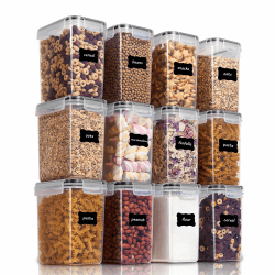 Vtopmart 1.6L Vorratsdosen Set, Müsli Schüttdose & Frischhaltedosen, BPA frei Kunststoff Vorratsdosen luftdicht,Trockenfutterbehälter, Satz mit 12, 24 Etiketten für Getreide, Mehl usw (Schwarz) 1.6L*12