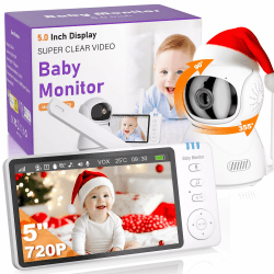 OBVHNUA Babyphone mit Kamera 5 Zoll 720p HD Video Babyphone 2X 4X Digitalzoom Zwei Wege Audio VOX Modus Nachtsicht Temperaturüberwachung 8 Schlaflieder 5 Wecker
