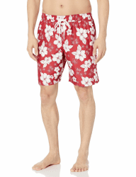 Amazon Essentials Herren Badehose, Schnell Trocknend, 23 cm S Rot Hibiskusblume