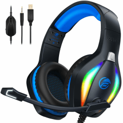 Fachixy 「2024 New」 FC100 Gaming Headset für PS4/PS5/PC/Xbox/Nintendo Switch, PS4 Kopfhörer mit Kabel und RGB Licht, Stereo Surround Kopfhörer mit Mikrofon, Noise Cancelling Headphones - BLAU Kabelgebunden BLAU
