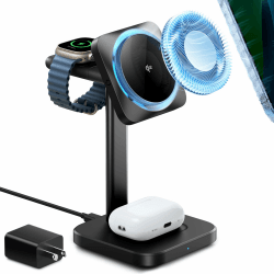 ESR Qi2 3 in 1 kabellose Ladestation mit CryoBoost, [Zertifiziertes] Apple Watch Ladegerät & 15W Qi2 magsafe ladegerät für iPhone 16/15/14, Watch & AirPods, Handy Kühlung kabelloses Ladegerät, Schwarz 3 in 1 Qi2- Schwar mit CryoBoost