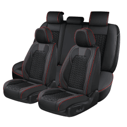 Coverado Sitzbezüge Auto Leder Komplettset, Wasserdichtes Autositzbezüge für 5-Sitze mit geprägten Körnern, Universell Sitzbezug Auto Sitzschoner Kompatibel für Limousinen SUV Pickup LKW,Seat Cover Schwarz+Red Line