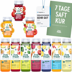 LiveFresh Saftkur 7 Tage | 49 Säfte (250ml) & 21 Shots (60ml) kaltgepresst & ohne Zuckerzusatz | Vegane Fastenkur | Inkl. Booklet mit Tipps & Tricks | Frisch gepresste Fruchtsäfte | Inkl. 12,25€ Pfand