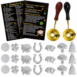 DPKOW 21 Silvester Zinngießen Bleigießen Set, Zinnfiguren und 2 Löffeln Anleitung Orakelheft, Silvester Spiele Neujahrsgeschenke Glücksschwein Kleeblatt Hufeisen Wachsgießen Silvester Blei Gieß Set