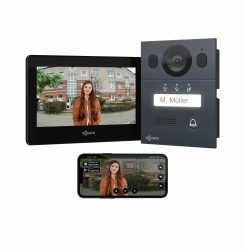 GOLIATH Basic Video Türsprechanlage, 2 Draht Bus, 7" Monitor, Unterputz Türklingel mit Kamera, Gegensprechanlage mit Türöffner und Klingel, 1 Familienhaus, Plug & Play, Smartphone App, AV-BLS-02U Anthrazit Unterputz Türstation 1 Monitor in Schwarz