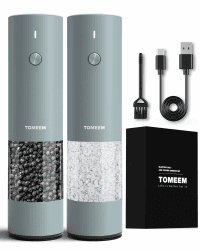 Salz und Pfeffermühlen elektrisch 2er Set aus Edelstahl (Wiederaufladbar, LED Beleuchtung, mit einstellbarem Keramikmahlwerk, Bürste, Holzlöffel) Gewürzmühle elektrisch, Blue Wiederaufladbar, Blue